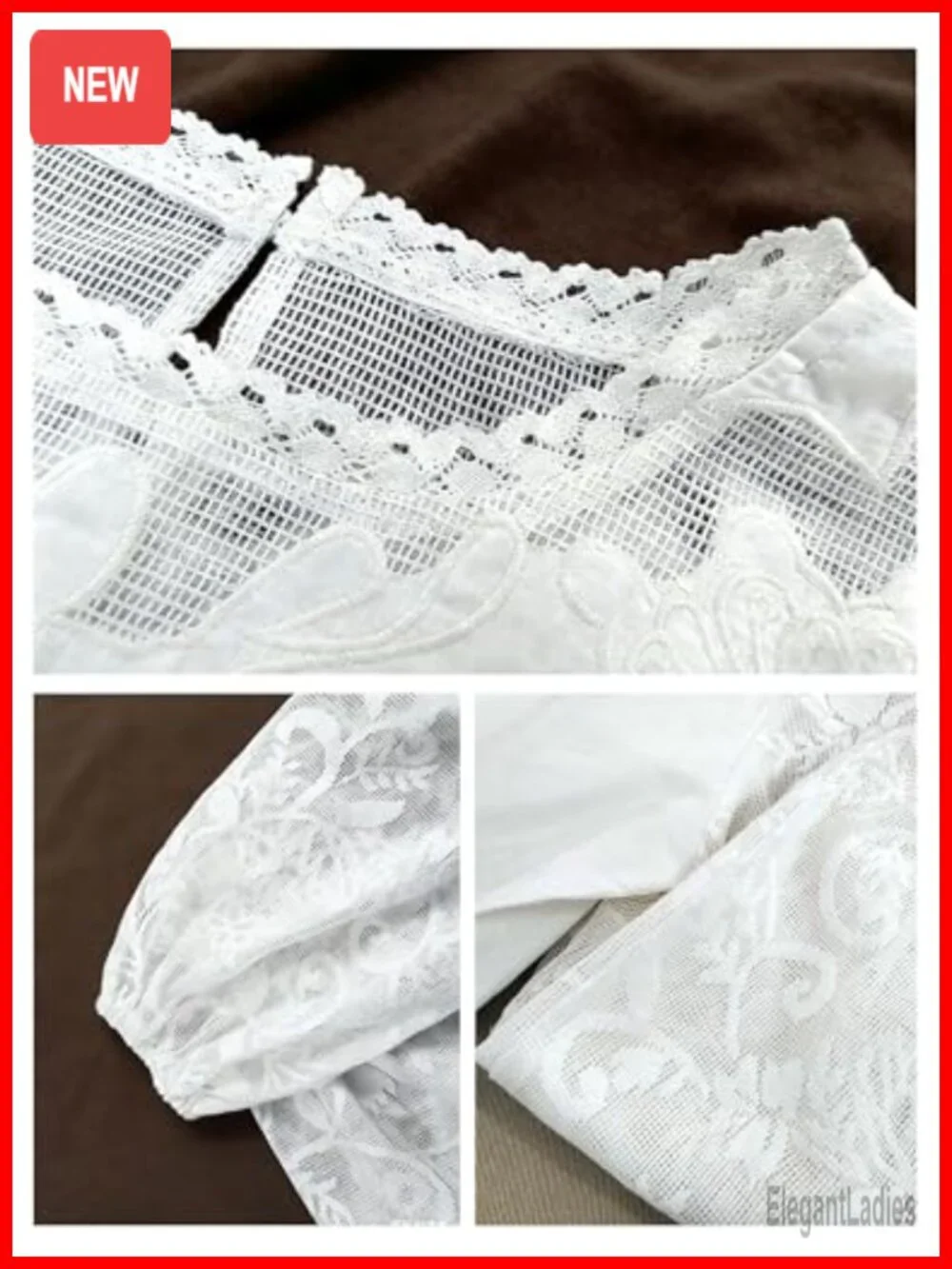 Women's Long Sleeve Lace Blouse Crew Neck Embroidered Mesh Shirt Flowy Babydoll